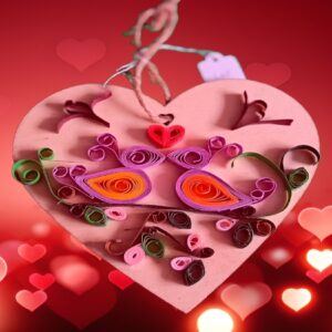 Quilled pink & orange love birds – hanging decoration