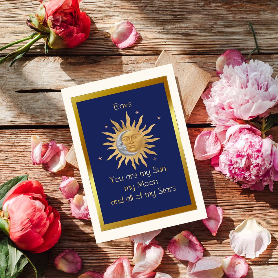 Romance card personalised among roses
