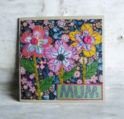 Mother's Day card/ Mum card. Stitched papers and embroidery. One only.All proceeds to The Stroke Association