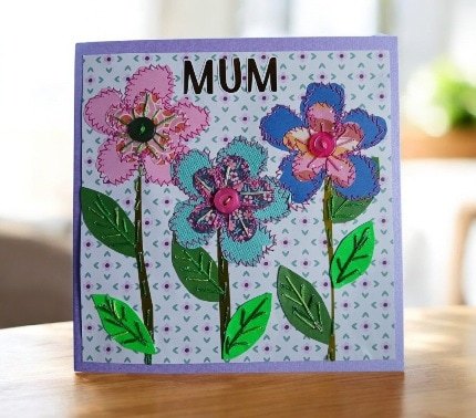 Mother's Day card/ Mum card. Stitched papers and embroidery. One only.All proceeds to The Stroke Association