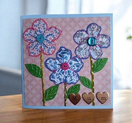 Mother's Day card/ Mum card. Stitched papers and embroidery. One only.All proceeds to The Stroke Association