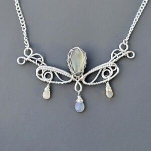 Silver Wire Chandelier Choker Necklace with Green Labradorite and Ethiopian Opal Beads