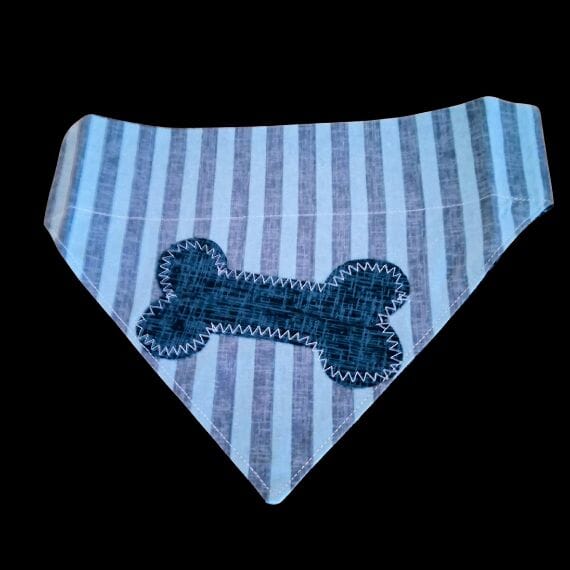 Striped dog bandana blue and grey striped fabric with dog bone applique