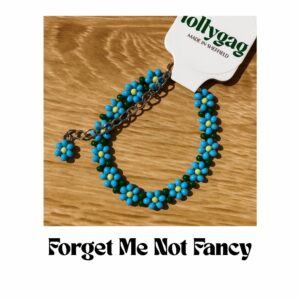 Handmade forget me not seed bead bracelet in blue, yellow and green with adjustable chain and flower charm, dopamine dressing jewellery made in Sheffield UK