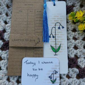 Bookish Gift Set with Reading List, Botanical Bookmark, and Affirmation Card – Today I choose to be happy – Blue