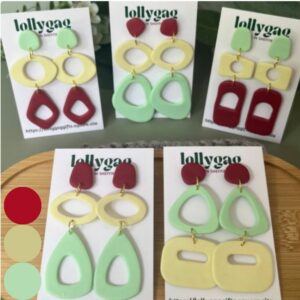 1950s inspired polymer clay earrings in mint green, butter yellow, and raspberry pink, handmade in Sheffield by Lollygag, celebrating post-war optimism and dopamine dressing.