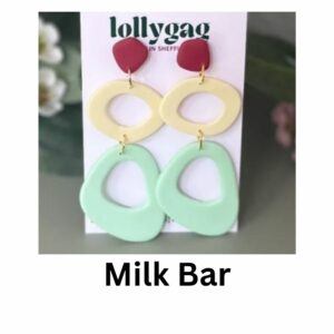 Milk Bar earrings by Lollygag in mint green, butter yellow, and raspberry pink, handmade polymer clay earrings inspired by 1950s cafés and post-war colour.