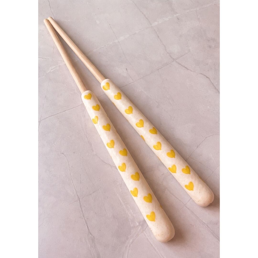 Handmade polymer clay handled chopsticks with yellow heart pattern, Moments of Love limited edition Valentine’s Day gift by Lollygag Sheffield