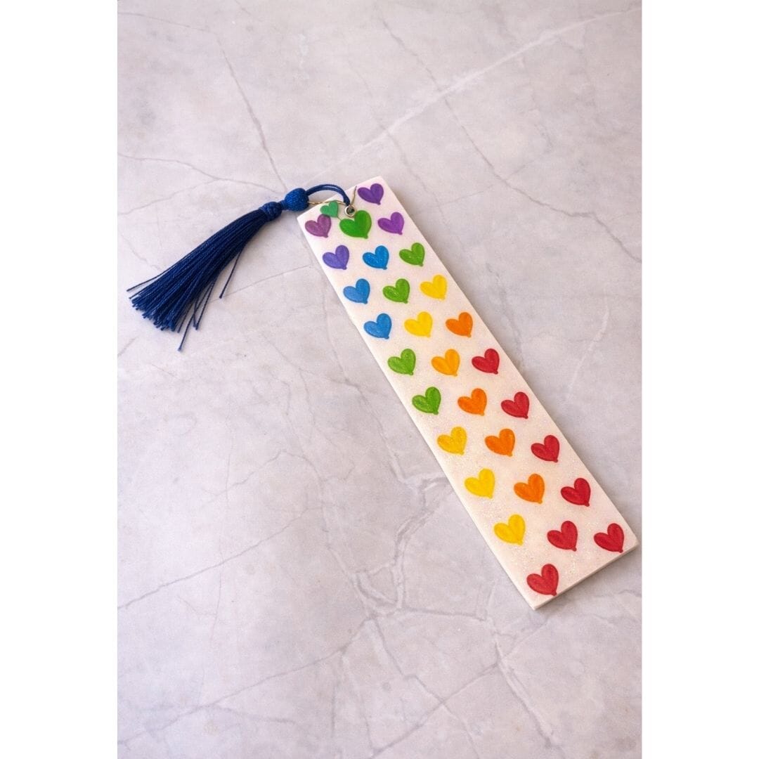 Handmade polymer clay rainbow heart bookmark with tassel, Moments of Love limited edition Valentine’s Day gift by Lollygag Sheffield