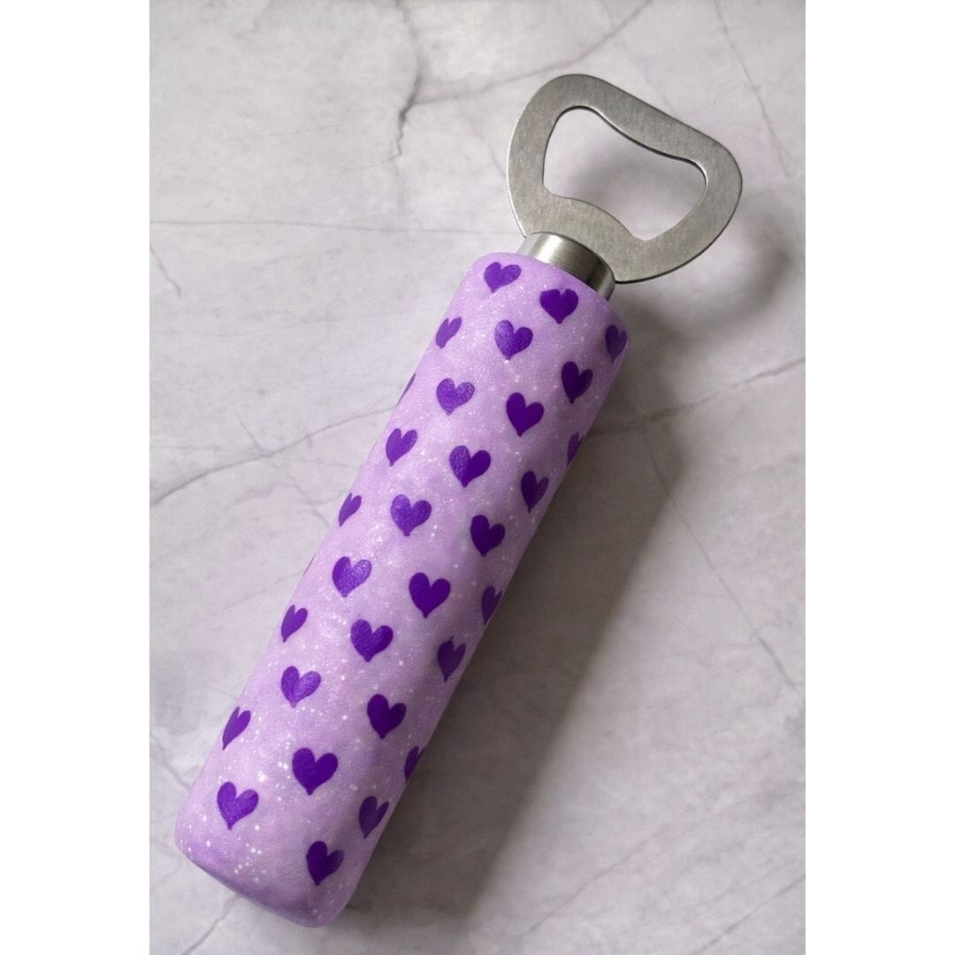 Handmade polymer clay handled bottle opener with purple heart pattern, Moments of Love limited edition Valentine’s Day gift by Lollygag Sheffield