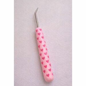 Handmade polymer clay handled loom hook with pink heart pattern, Moments of Love limited edition Valentine’s Day gift by Lollygag Sheffield