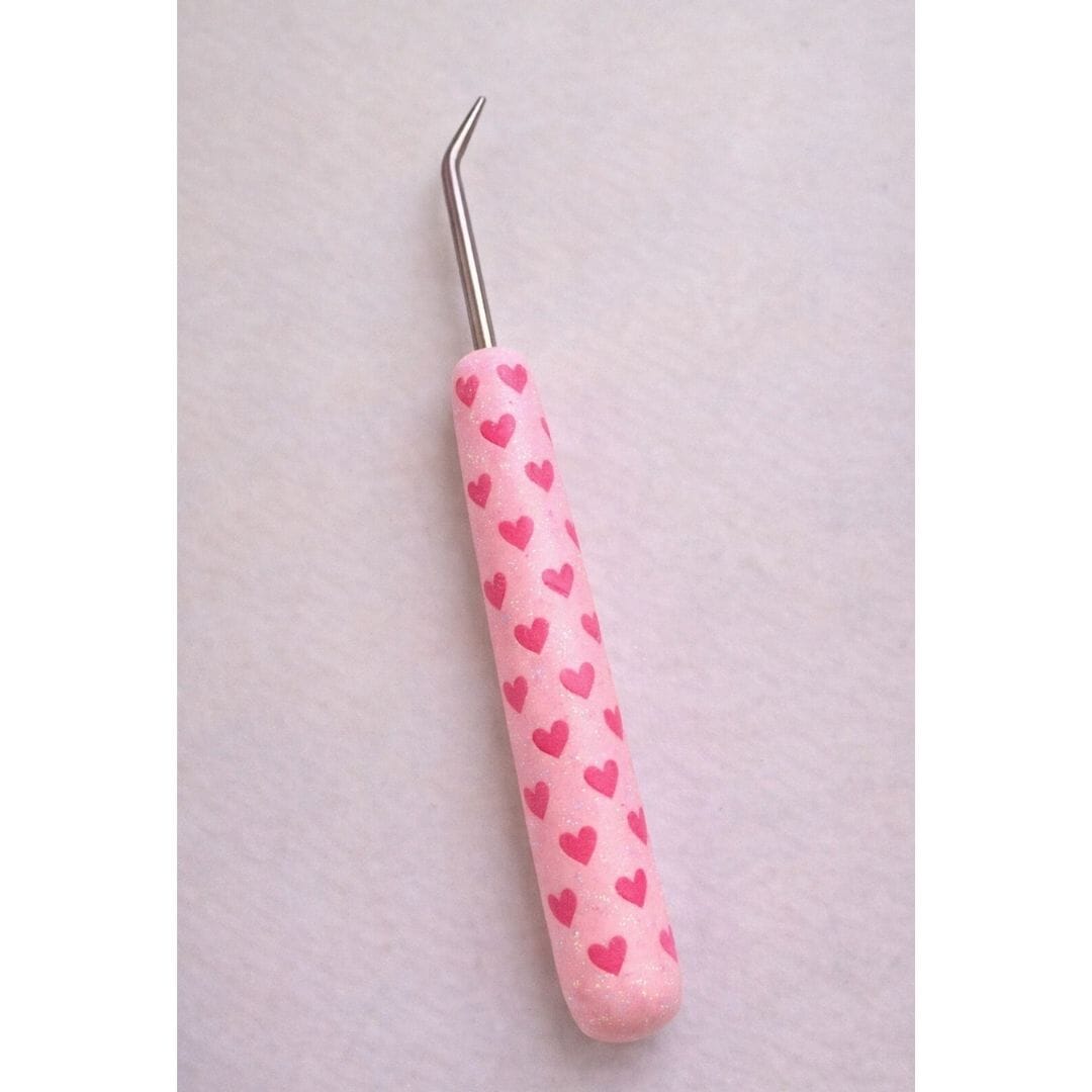 Handmade polymer clay handled loom hook with pink heart pattern, Moments of Love limited edition Valentine’s Day gift by Lollygag Sheffield