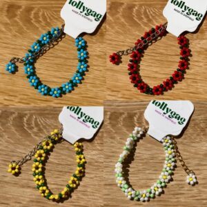 Handmade floral seed bead bracelets in bright dopamine dressing colours from the Pick ’n’ Bloom Collection by Lollygag Jewellery, made in Sheffield UK