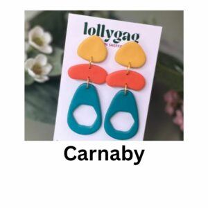 Carnaby handmade polymer clay earrings in mustard yellow, coral orange and teal, inspired by Carnaby Street fashion and 1960s youth culture