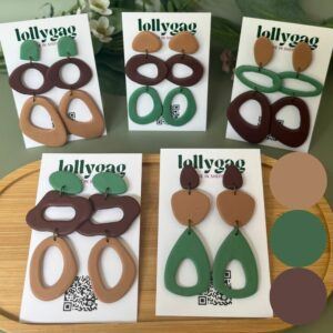 Group photo of handmade polymer clay earrings in avocado green, terracotta brown, tan and deep plum from the 1970s Decade Collection by Lollygag, inspired by dopamine dressing and handmade in Sheffield