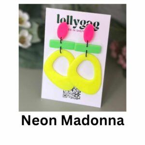 Neon Madonna handmade polymer clay statement earrings in hot pink, lime green and neon yellow, inspired by 1980s pop icons and bold fashion