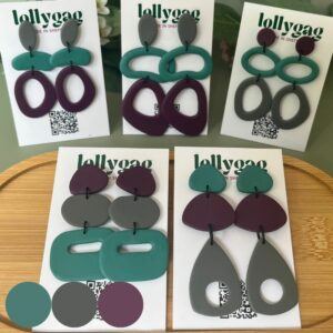 Group photo of handmade polymer clay statement earrings in teal, muted purple and industrial grey from the 1990s Decade Collection by Lollygag, inspired by 90s grunge minimalism and handmade in Sheffield