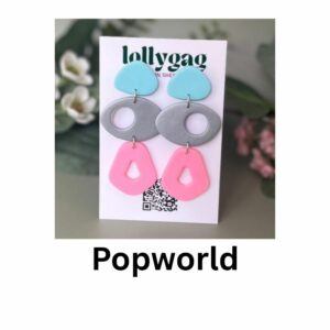 Popworld handmade polymer clay statement earrings in aqua blue, silver grey and bubblegum pink, Y2K inspired dopamine dressing jewellery by Lollygag Sheffield