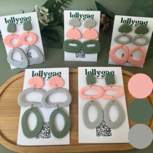 Group photo of handmade polymer clay statement earrings in millennial pink, sage green and soft grey from the 2010s Decade Collection by Lollygag, handmade in Sheffield