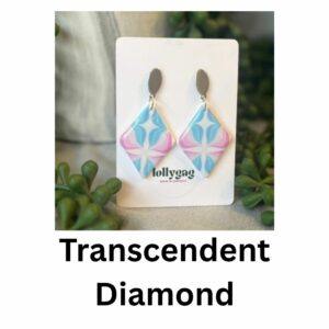 Diamond-shaped polymer clay earrings made from authentic 1970s wallpaper, featuring soft pink and powder blue swirl patterns with silver-tone studs, handmade in Sheffield.