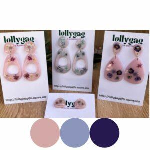 A group of Botanica Bloom earrings by Lollygag Jewellery, featuring pressed flowers encased in soft pink polymer clay and glossy resin, including Petal Loop, Violet Haze, Blue Drift, and Petal Whisper designs, handmade in Sheffield.