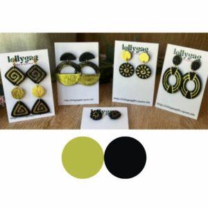 Handmade black and gold polymer clay earrings from the Golden Relics Collection by Lollygag Jewellery, inspired by Ancient Egyptian symbolism, featuring spiral, sun, arch, and geometric designs with gold foil detailing.