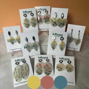 Meadow Glow Collection handmade wildflower resin earrings by Lollygag Jewellery, featuring Buttercup, Clover, Yarrow, Lavender, Dandelion, Thistle, Primrose, Queen Anne’s Lace, Fern and Marigold, handmade in Sheffield