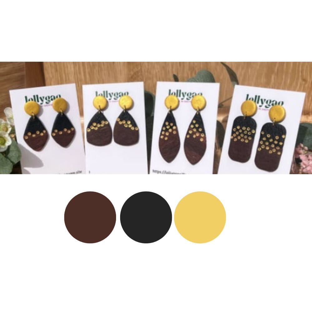 Emberdrop Collection handmade polymer clay earrings with faux wood texture and gold detailing, including Gleam, Glow, Spark and Flare designs, handmade in Sheffield by Lollygag Jewellery.