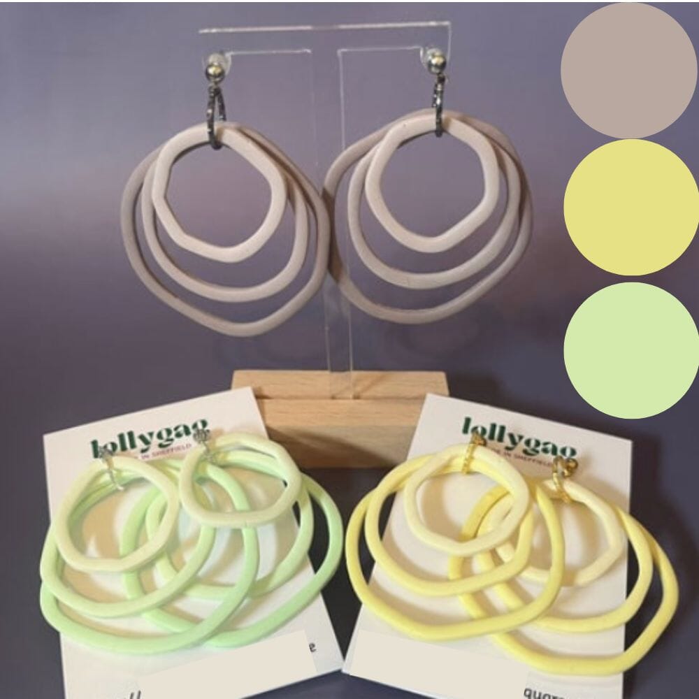 Shades Of… Collection handmade polymer clay hoop earrings in gradient tones including heather, lemon, mint, ocean, apricot and blush, minimalist dopamine dressing jewellery by Lollygag Sheffield.