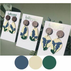 Handmade muscari flower polymer clay earrings in blue, cream and green tones with wood studs from the Summerfield Collection by Lollygag Jewellery, made in Sheffield UK