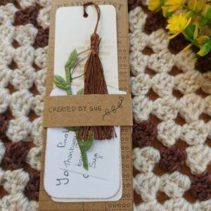 hand drawn botanical bookmark with brown tassel, matching affirmation card, reading list bookish gift.