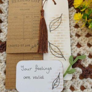 hand drawn botanical bookmark with brown tassel, matching affirmation card, reading list bookish gift.