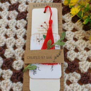 hand drawn botanical bookmark with red tassel, matching affirmation card, reading list bookish gift.