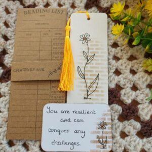 hand drawn botanical bookmark with yellow tassel, matching affirmation card, reading list bookish gift.