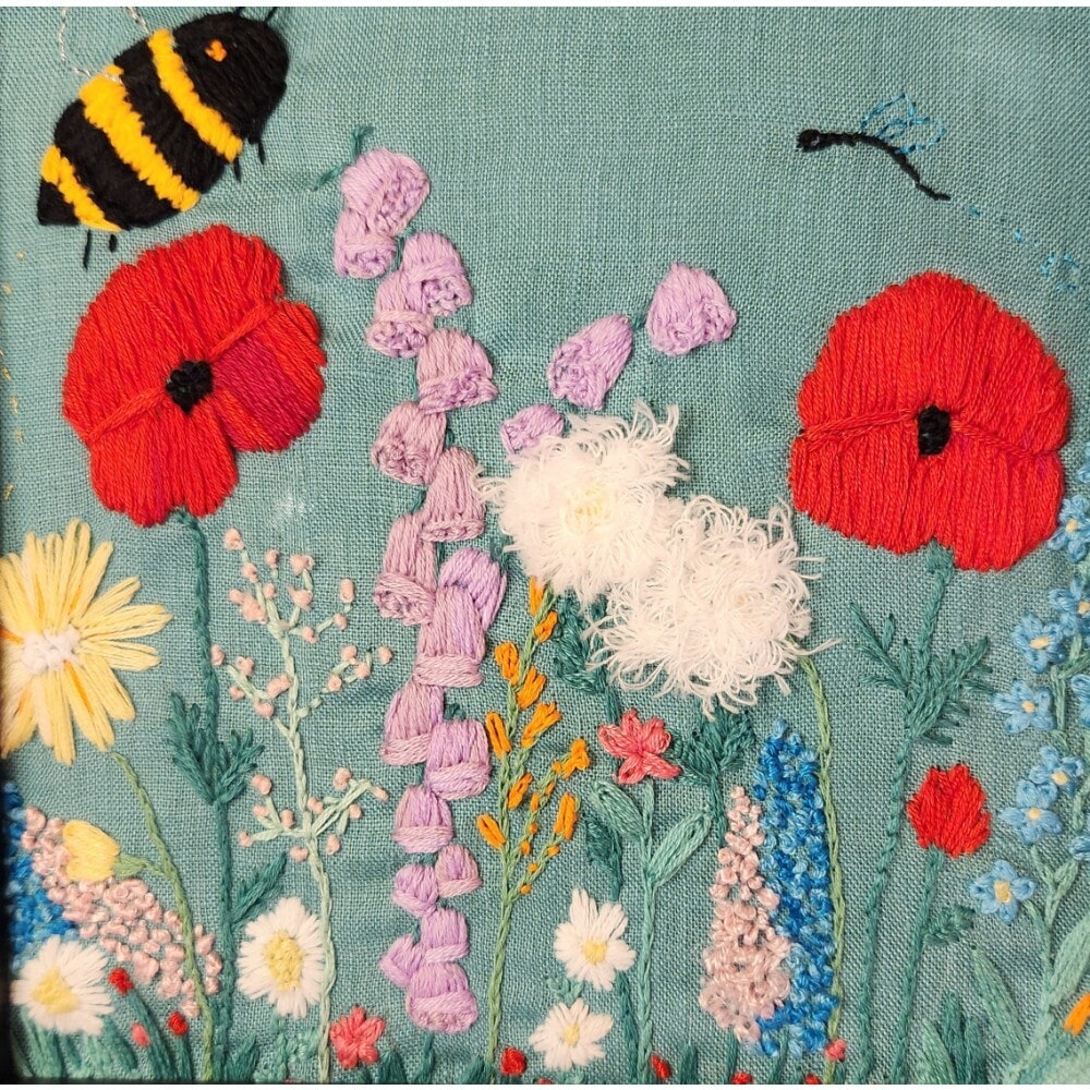 Garden flowers and Bumble Bee Framed Embroidery Art Picture - Image 4