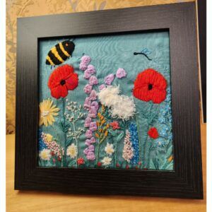Garden flowers and Bumble Bee Framed Embroidery Art Picture