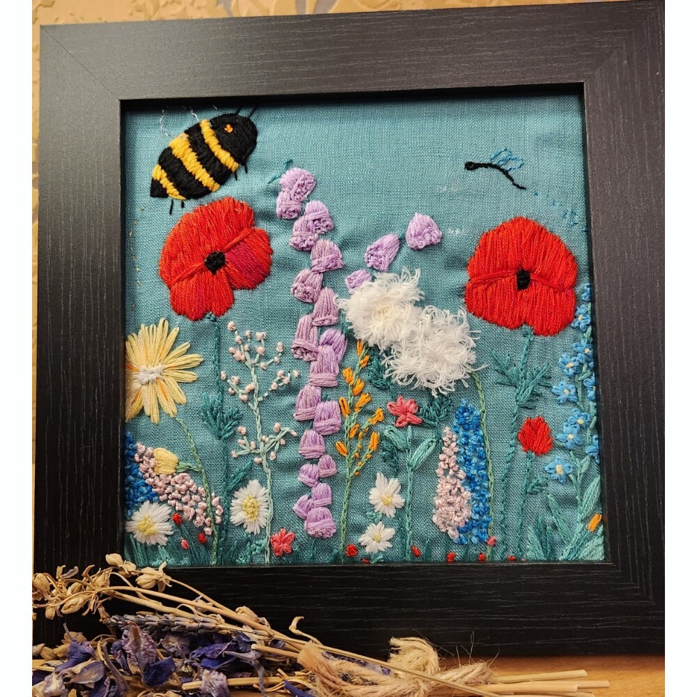 Garden flowers and Bumble Bee Framed Embroidery Art Picture - Image 3