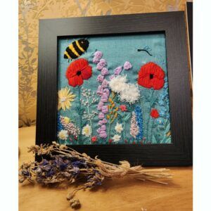 Garden flowers and Bumble Bee Framed Embroidery Art Picture