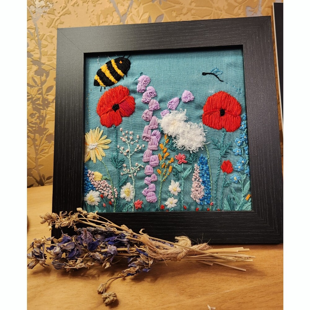 Garden flowers and Bumble Bee Framed Embroidery Art Picture - Image 2