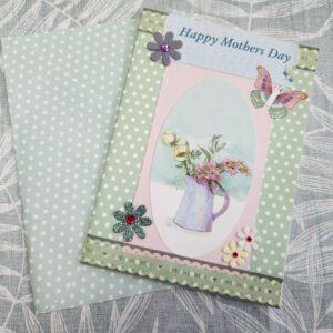 Mothers Day Card with vintage jug, flowers and butterfly