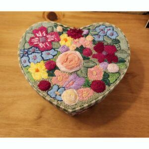 Vintage Heart Sewing Box, with internal pin cushion, hand embroidered
