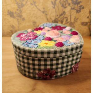 Vintage Heart Sewing Box, with internal pin cushion, hand embroidered