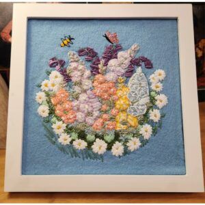 Garden Flowers Framed Embroidery Art, with hollyhocks and bluebells