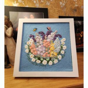Garden Flowers Framed Embroidery Art, with hollyhocks and bluebells