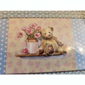 Mothers Day Card with vintage teddy and vase of flowers