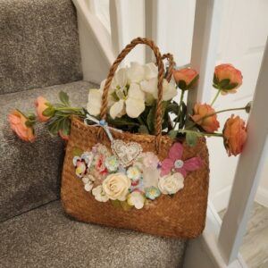 Vintage style Straw Bag Wall Decoration, Flowers pictured can be purchased too