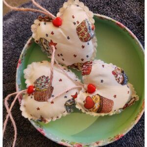 Set of 3 Cath Kidston Cupcake fabric Hanging Hearts