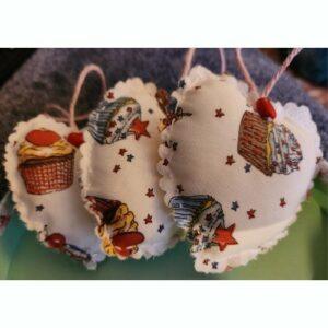Set of 3 Cath Kidston Cupcake fabric Hanging Hearts