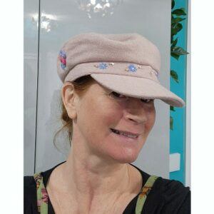 Pale Pink Cap, hand embroidered with flowers and leaves, embellished with sequins and beads