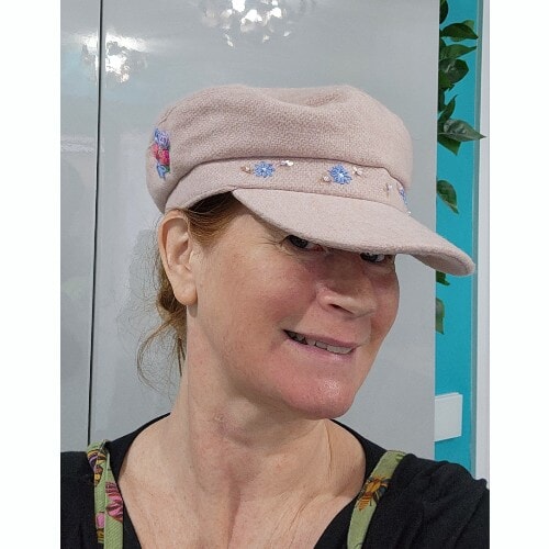 Pale Pink Cap, hand embroidered with flowers and leaves, embellished with sequins and beads - Image 2